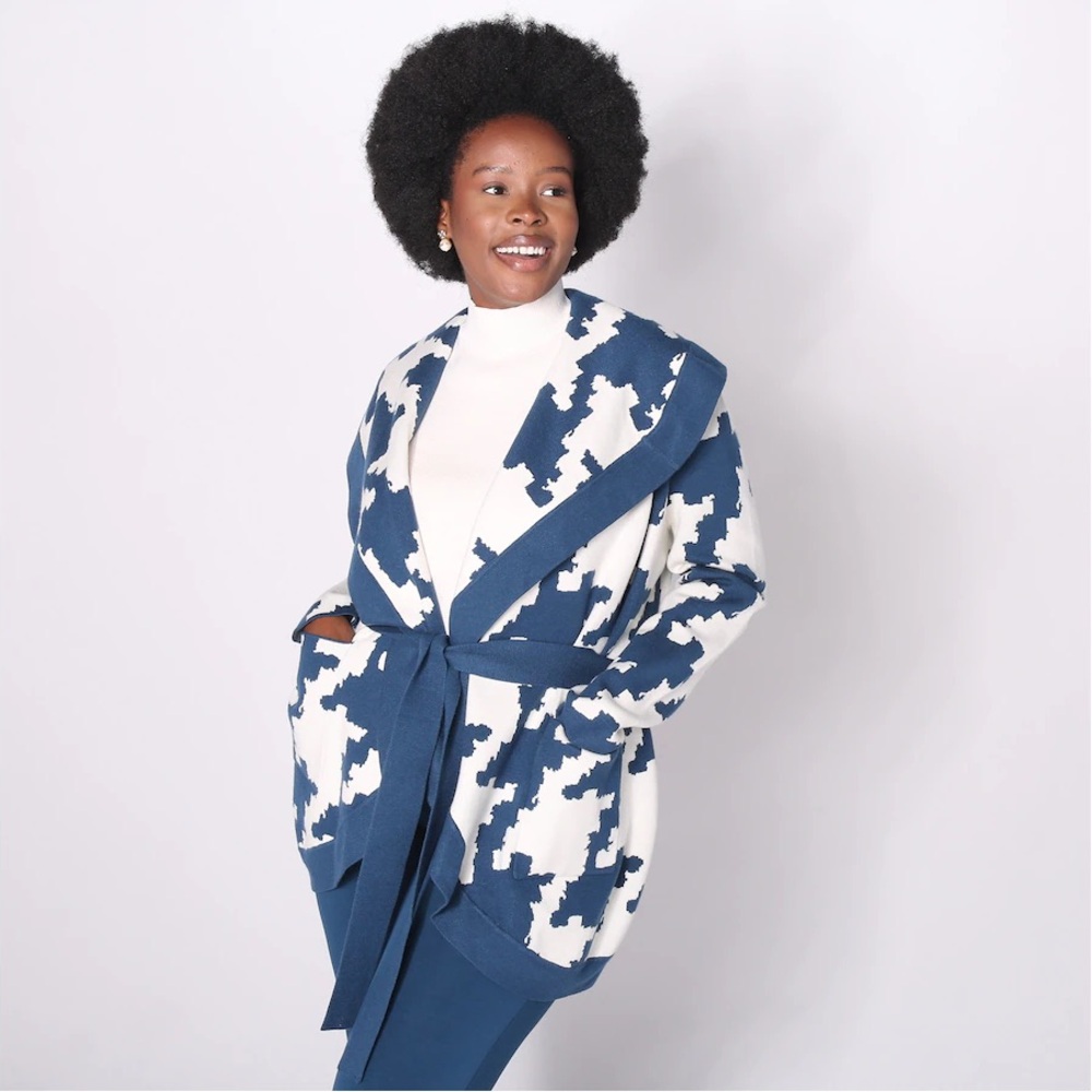 MarlaWynne Teal and Cream Houndstooth Belted Shawl Cardigan - Picture 3 of 12